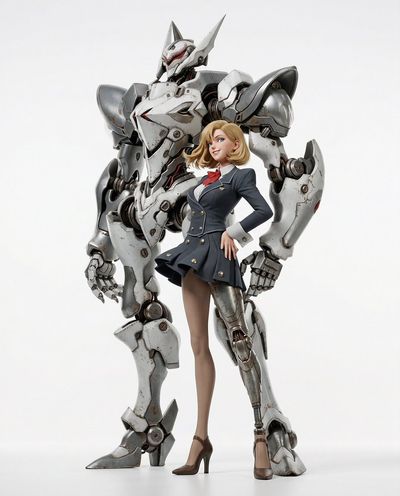 Elegant Fusion: Feminine Mecha and Confident Pilot Duo