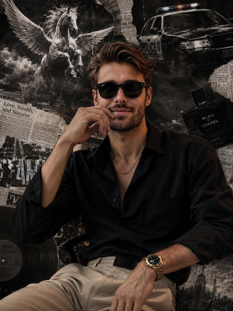 Stylish man in black sunglasses poses against grunge collage background