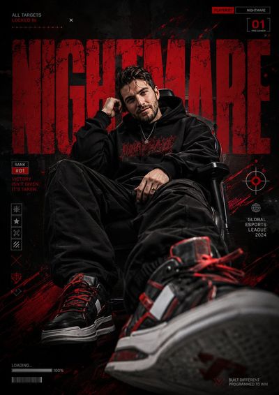 A confident esports star sits in oversized streetwear with dramatic lighting