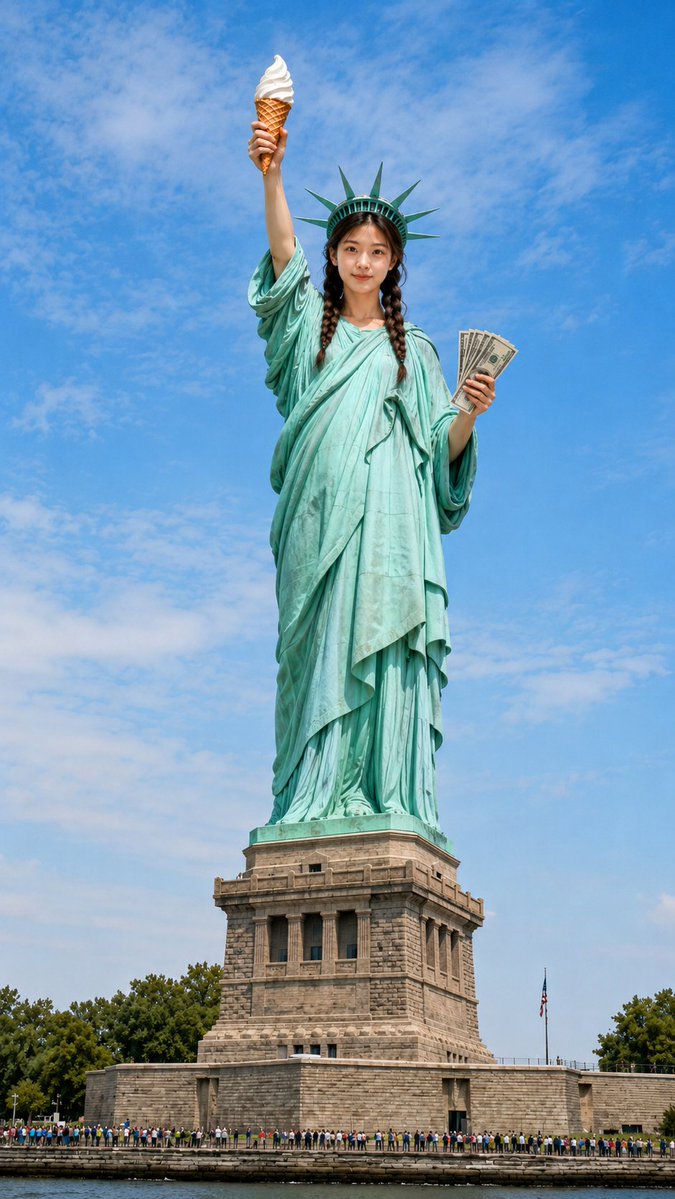 Giant statue of me holds ice cream cone in New York harbor