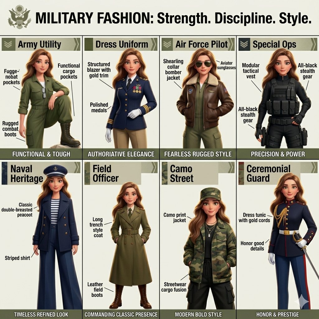A model wearing olive green military jacket and beret
