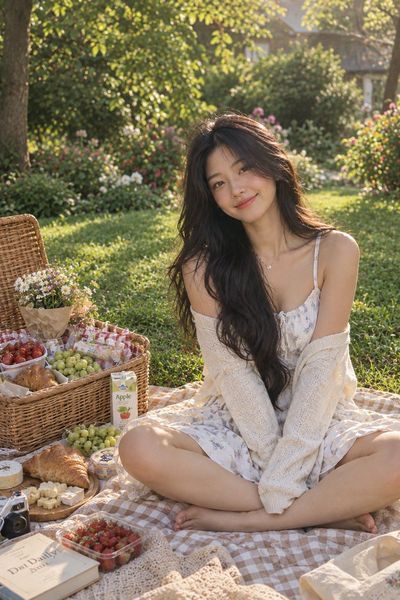 Golden Hour Picnic in Lush Garden with East Asian Woman