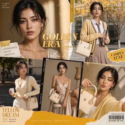 Golden yellow collage frames a campus fashion icon in multiple moods