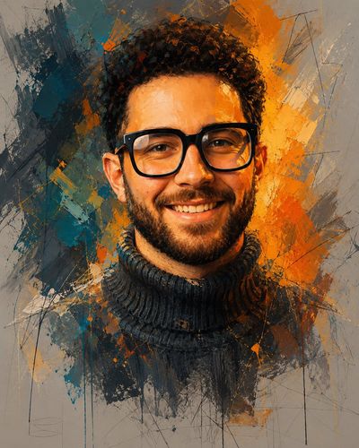 Radiant orange portrait dissolves into expressive abstract painterly strokes