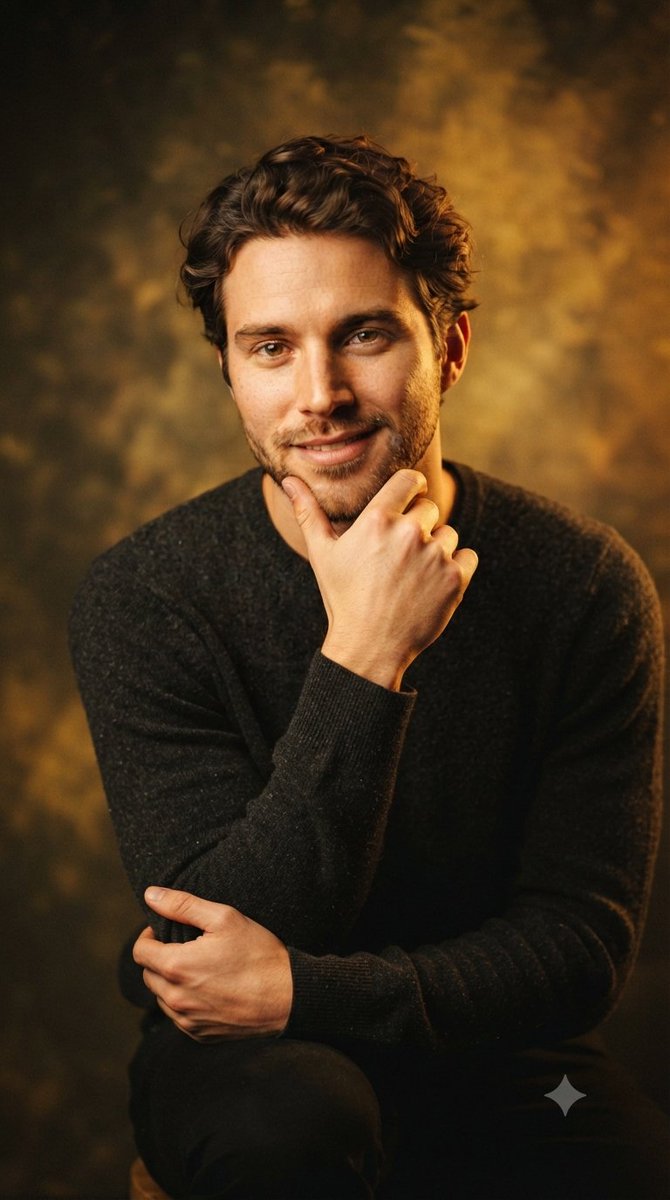 Handsome man with beard poses in warm studio lighting