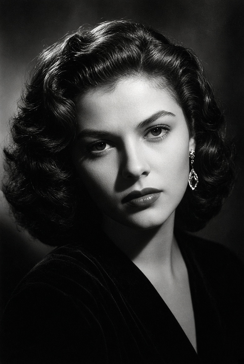 Captivating 1940s Starlet Poses in Dramatic Black-and-White Studio Portrait