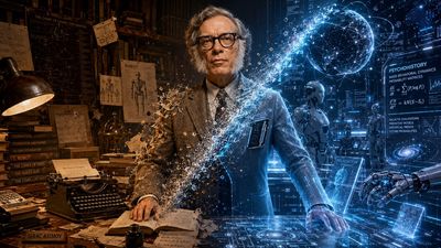 Isaac Asimov stands in a library converting books to holograms