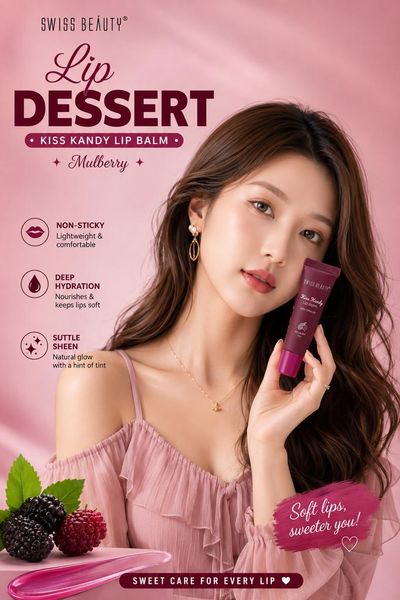 Luxurious lip balm ad with glowing model and soft pink backdrop