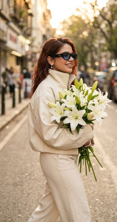 Sunlit girl in profile hugs a bouquet of white lilies