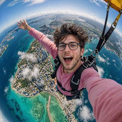 Fisheye Skydiving Selfie Above Tropical Coast