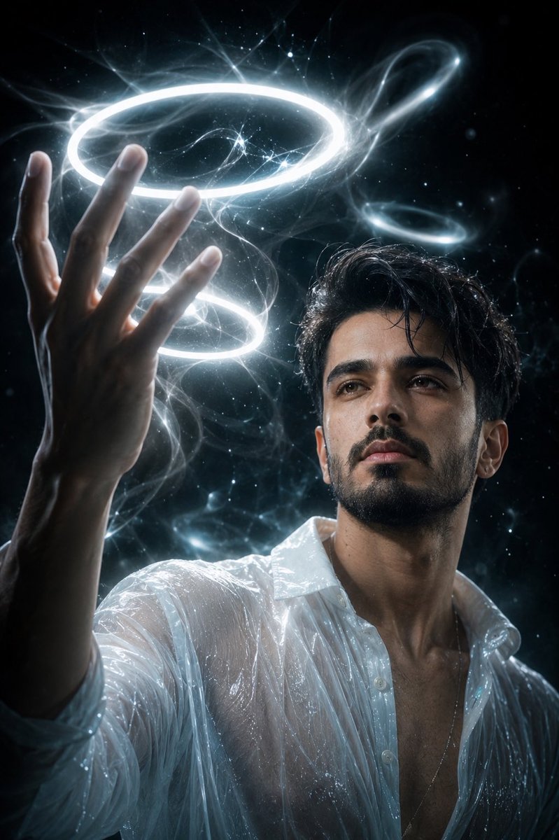 A young man in a cosmic void controls glowing white rings