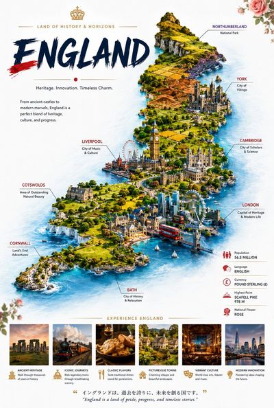 Explore England's iconic landmarks in this glossy 3D infographic map.