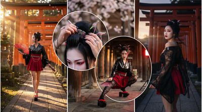 Cyber-Traditional Beauty Poses Before Ancient Vermilion Torii Gates