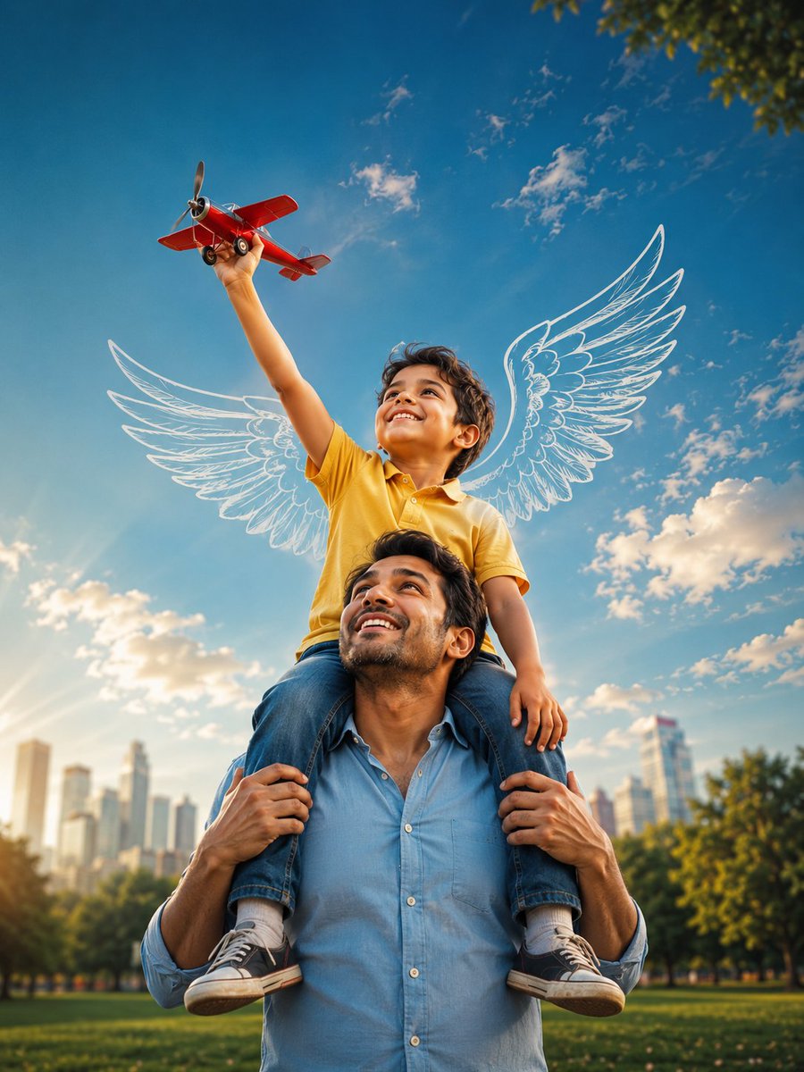 A boy on his father's shoulders launches a toy plane skyward