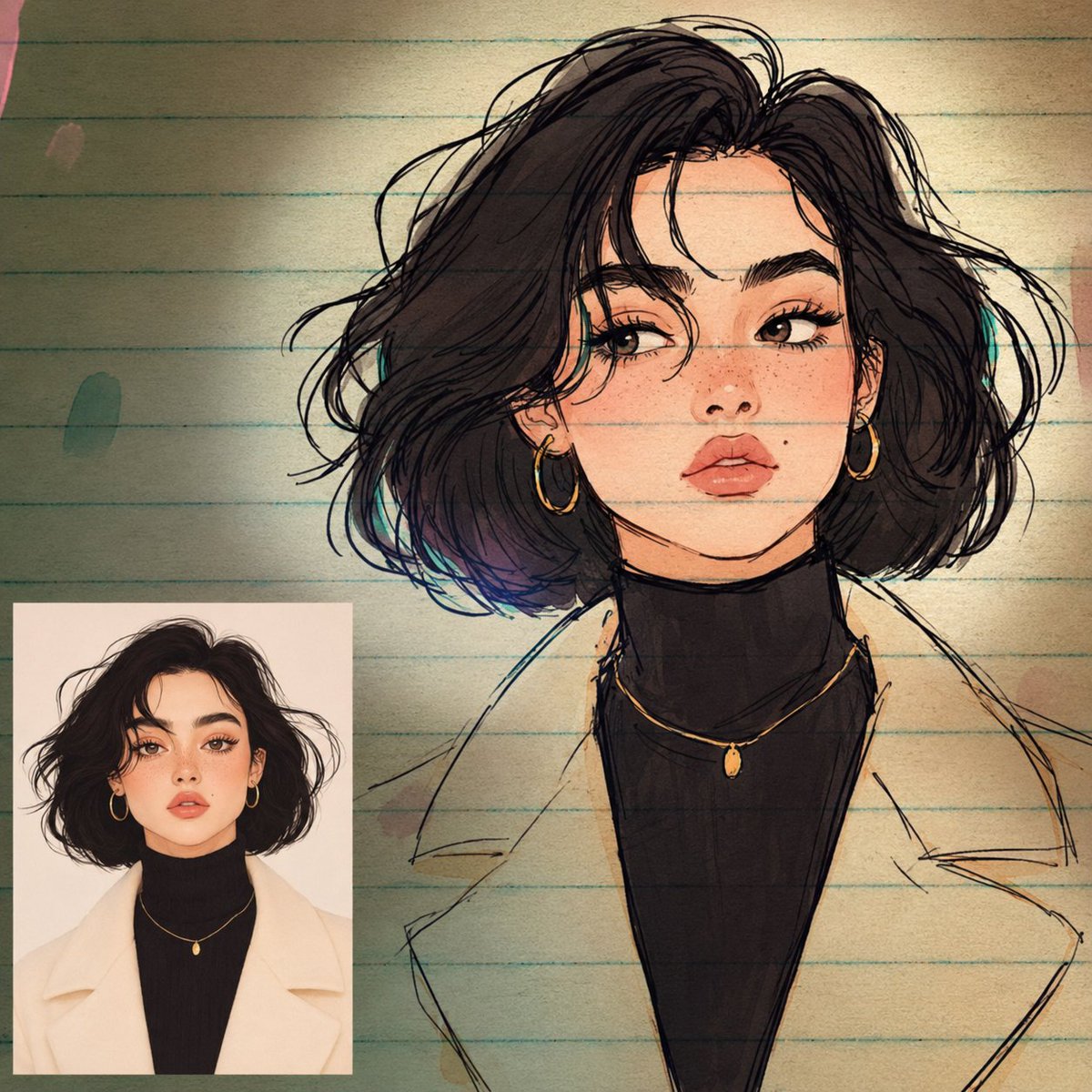 A stylish portrait transforms into a messy notebook doodle with soft colors.