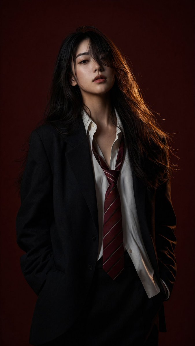 East Asian model in black blazer strikes confident pose under crimson light