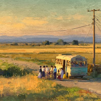 Rural Bus Stop: A Quiet Exchange Under Warm Light