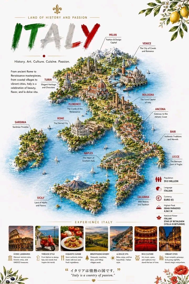 Detailed travel infographic map of Italy with landmarks and cities