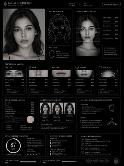 A monochrome luxury facial analysis dashboard reveals refined proportions