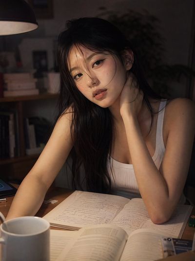 A woman with long black hair studies by warm lamplight