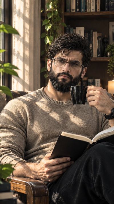 Thoughtful young man reads beside sunlit window in warm golden light