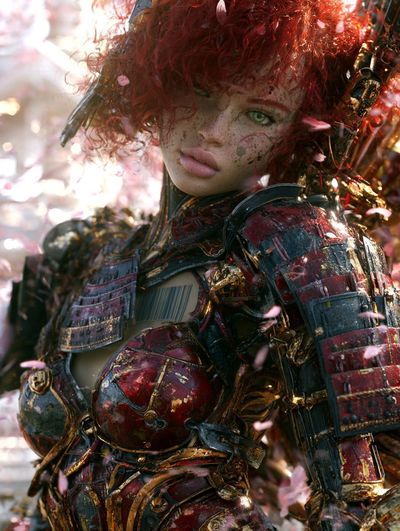 Red-haired samurai with freckles stands amid falling cherry blossoms