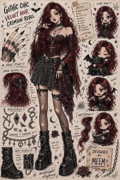 Crimson-haired gothic fashion concept sketch sheet with chibi doodles