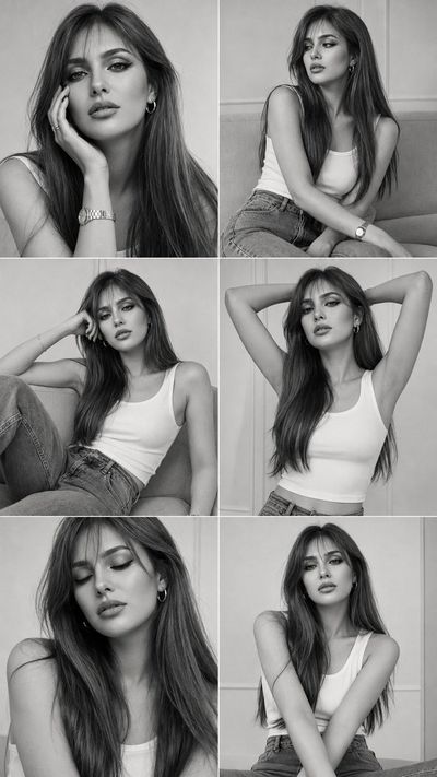 Six monochrome frames capture a young woman's editorial elegance