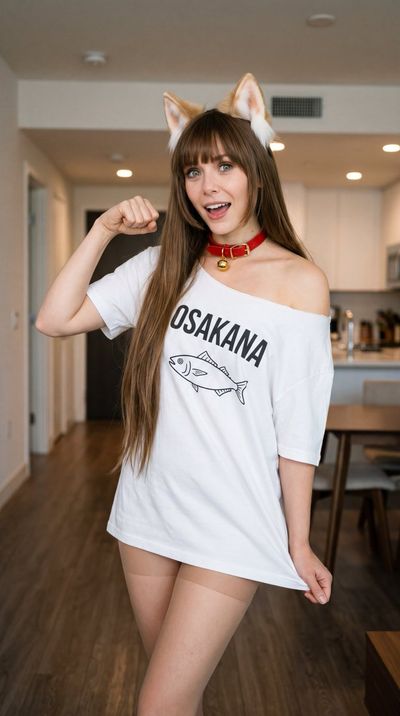 Playful Cat-Eared Muse in Oversized Tee