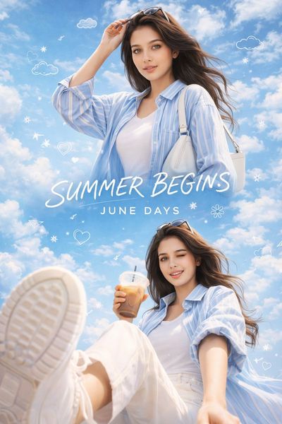 Young woman poses in summer sky with sunglasses and iced coffee