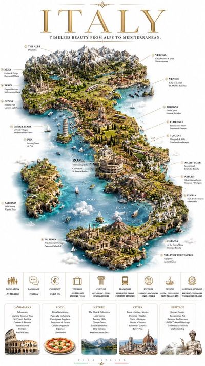 A floating island map of Italy floats above pristine water