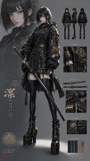 Gray-eyed samurai girl in golden armor poses with katana