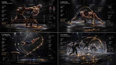 A basketball player leaps for a dunk amid data arcs