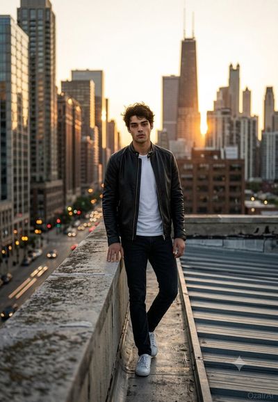 A calm man in a leather jacket stands on a rooftop at sunset