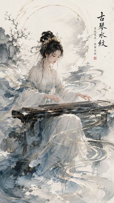 Ancient qin strings transform into flowing water patterns in ink art