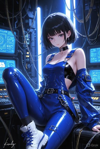 Girl in blue vinyl overalls sits in a neon-lit spaceship cockpit.