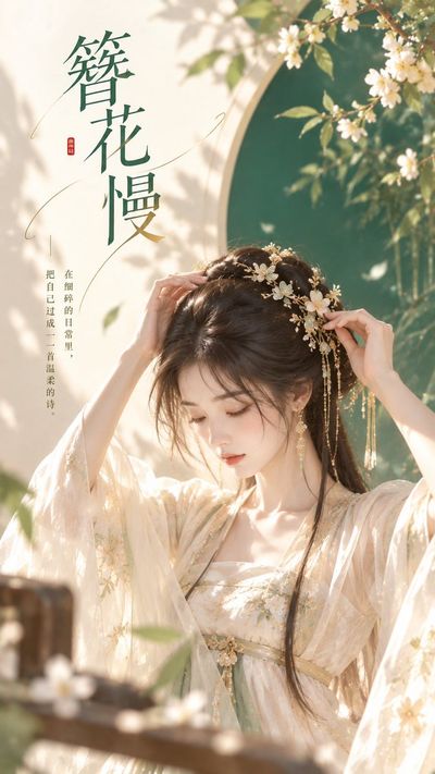 Elegant woman in jade green adjusts hairpin in serene portrait