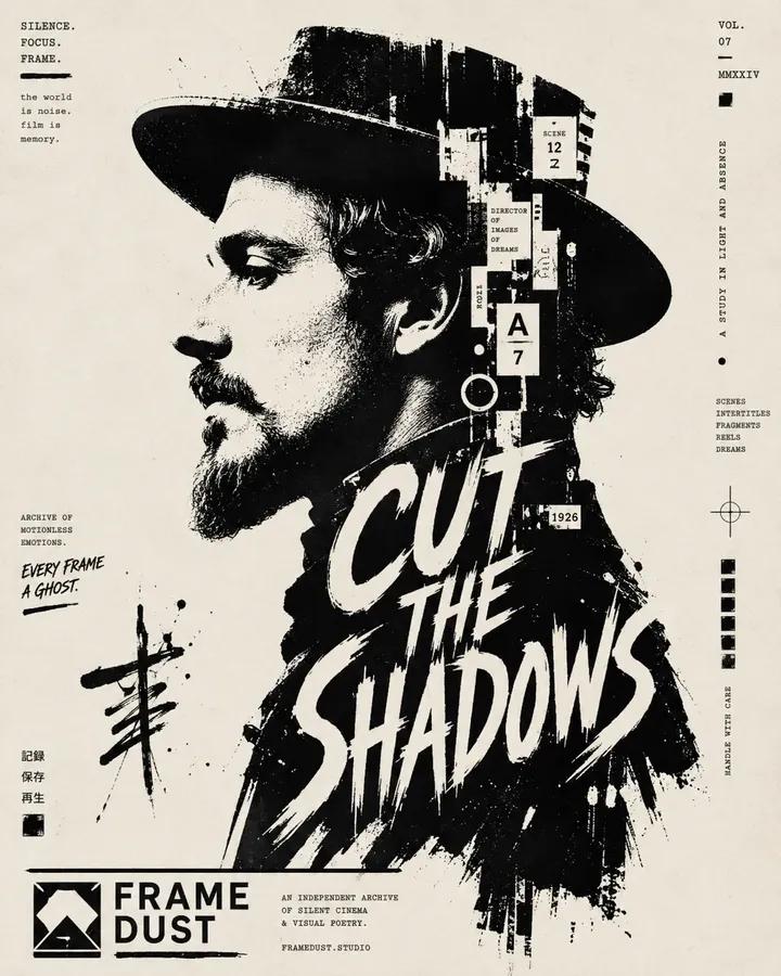 Bold black ink silhouette portrait with fragmented stencil shapes
