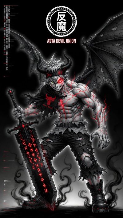 Asta stands in Devil Union form with demon wings and glowing red veins