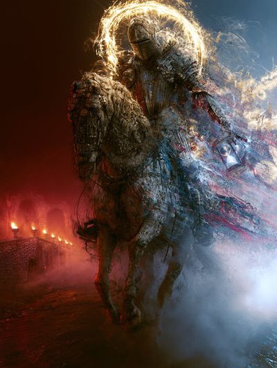 Time's horseman judges souls on a foggy stone bridge