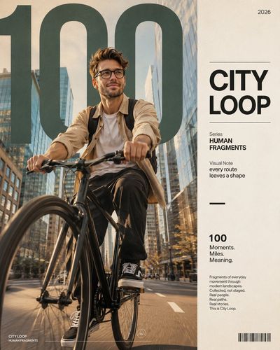 A cyclist rides through a sunlit city with skyscrapers behind him