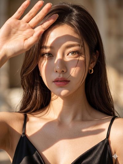 Golden sunlight casts dramatic shadows across her luminous face