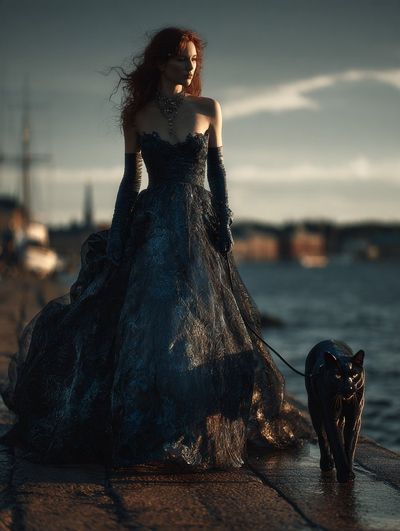 Elegant Woman in Ice Blue Gown Walks with Panther in 2987 Stockholm