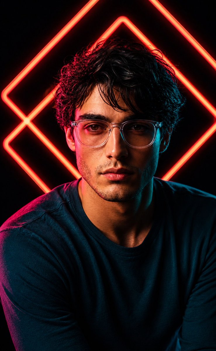 A young man in teal smiles amid red neon geometric shapes