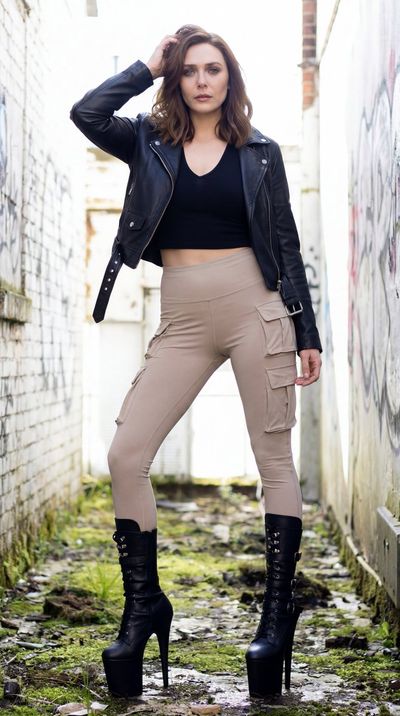 Red-haired woman in leather jacket stands confidently in sunlit alley