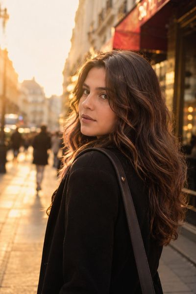 Warm sunset light catches a woman turning on a busy street