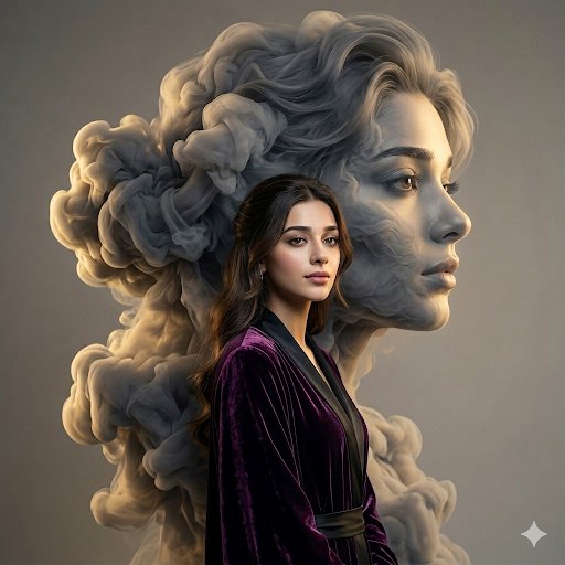 Elegant model stands before a giant smoke profile silhouette