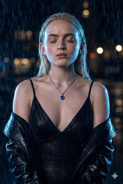 A serene woman with closed eyes stands in cinematic rain