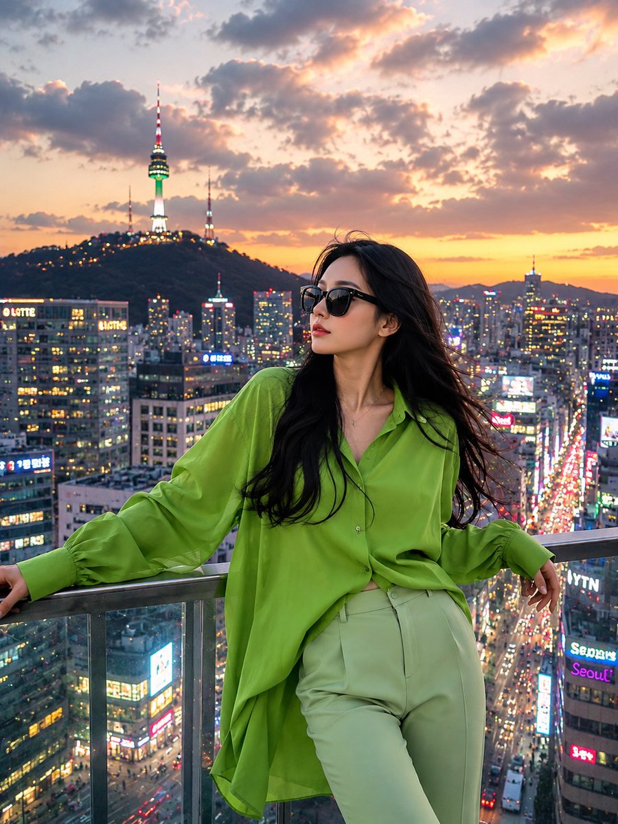 A stylish woman in lime green poses at sunset overlooking Tokyo Tower