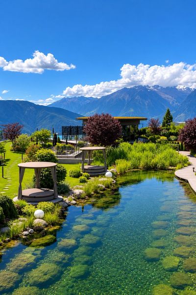 Luxury mountain resort pond reflects alpine peaks and blue sky